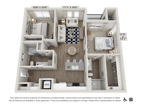 Floor plan for 2 beds, 2 baths, 998 sqft